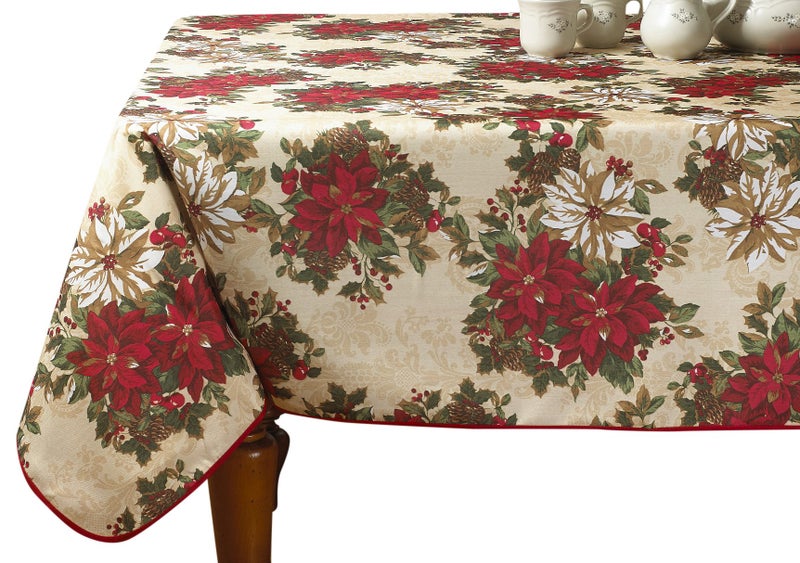 Violet Linen European Holiday Christmas Poinsettia Garden Design Printed Tablecloth - Beige - 60" by 102" Oblong/Rectangle - Image 1